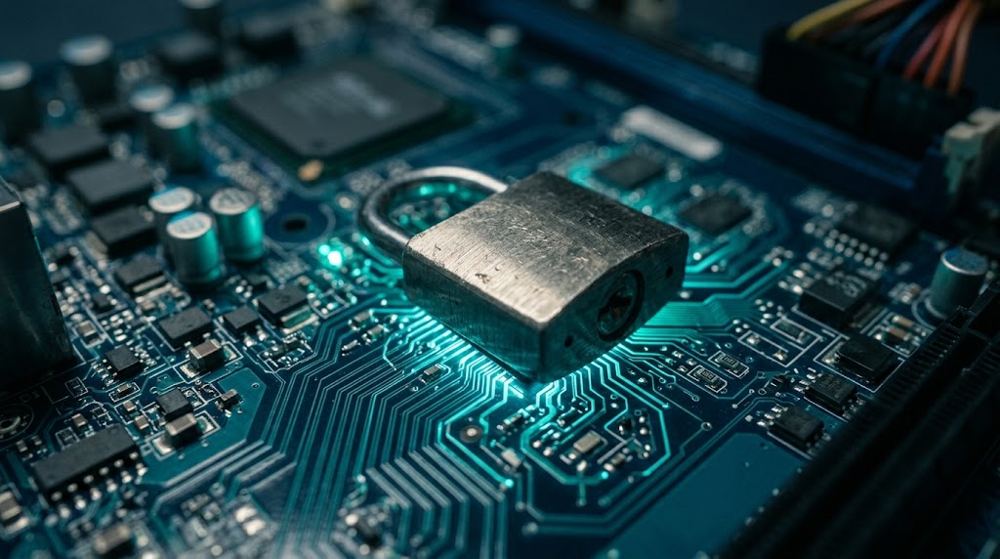 A padlock resting on a circuit board with glowing traces